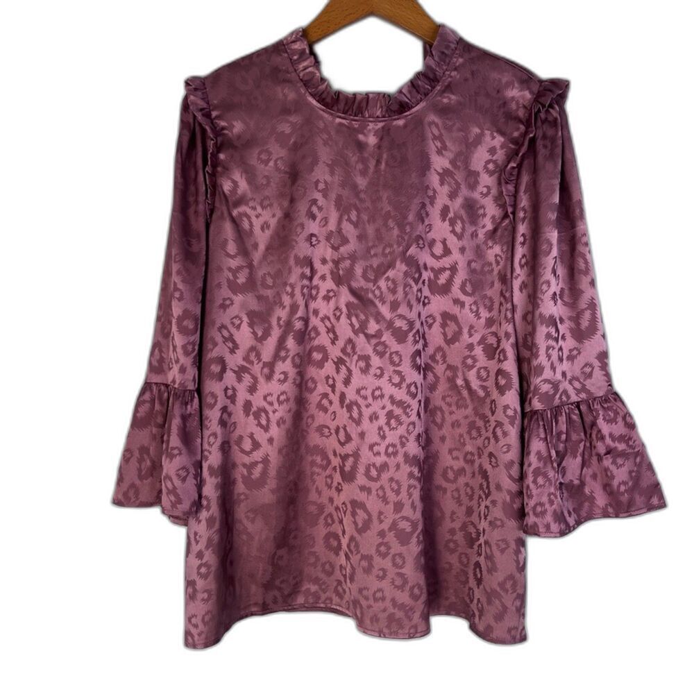 Gibson Look Shiny Pink Ruffled‎ Mock Neck 3/4 Sleeve Blouse Size Medium